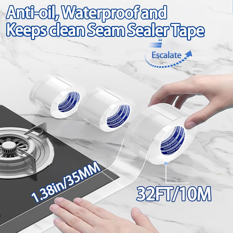 ZOMPAGO Waterproof Caulk Tape Sealant Strip – for Kitchen Caulking,Oil Proof,Self-Adhesive Tape for Toilet Seal,Bathtub Sealant–Bathroom Clear Caulk,1.38inx32.8FT,PVC Tape -for Window Sealing as Well - Image 2